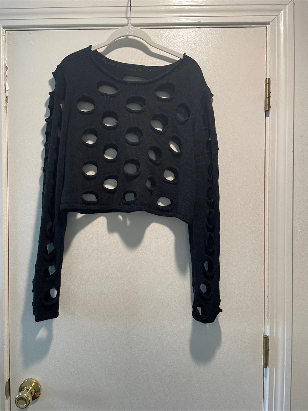 Black Distressed Cut Out Hole-Detail Cropped Sweater - Women